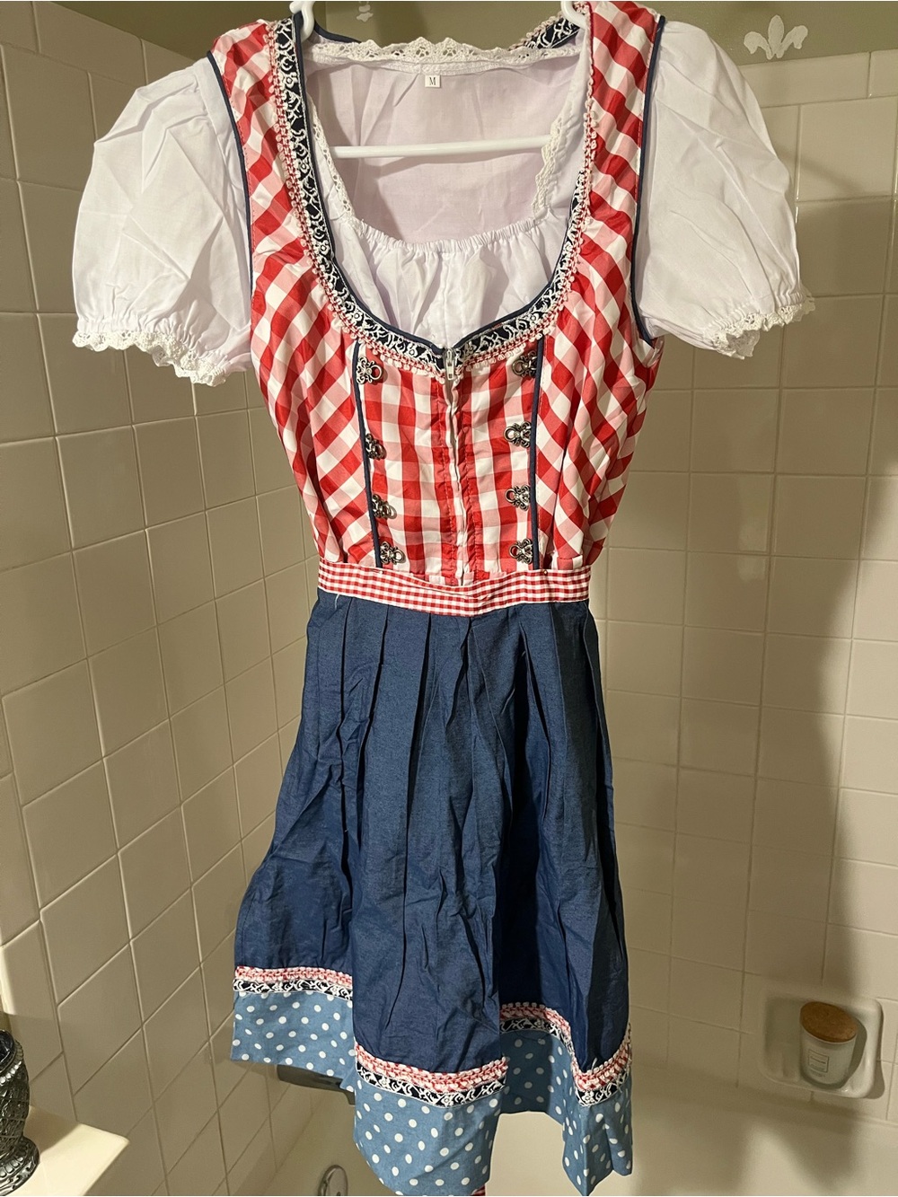 Red Gingham & Navy Dirndl Dress with White Puff Sleeves